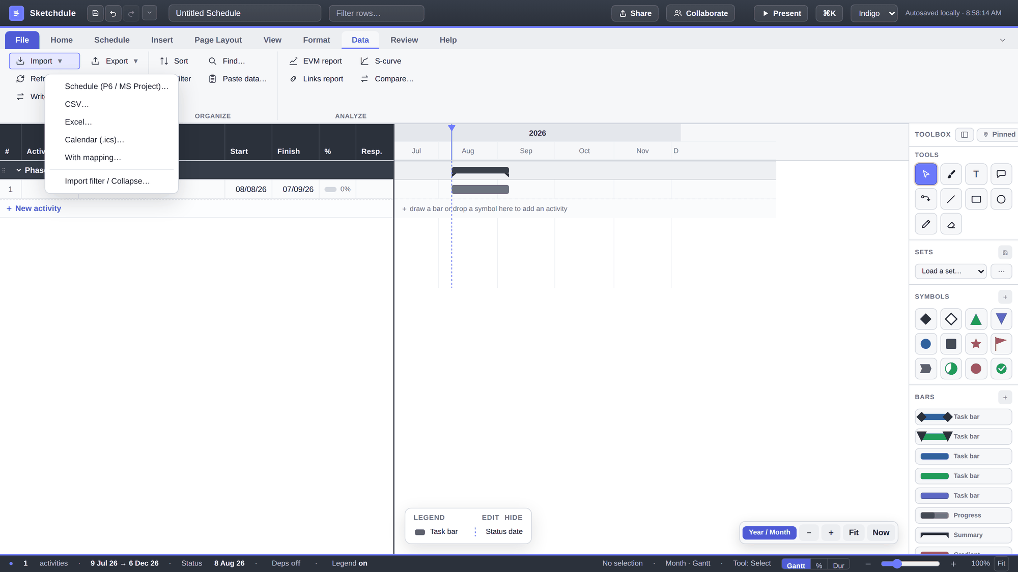 Sketchdule with a blank schedule and the Data tab's Import menu open, showing Schedule (P6 / MS Project), CSV, Excel, Calendar and Import filter options