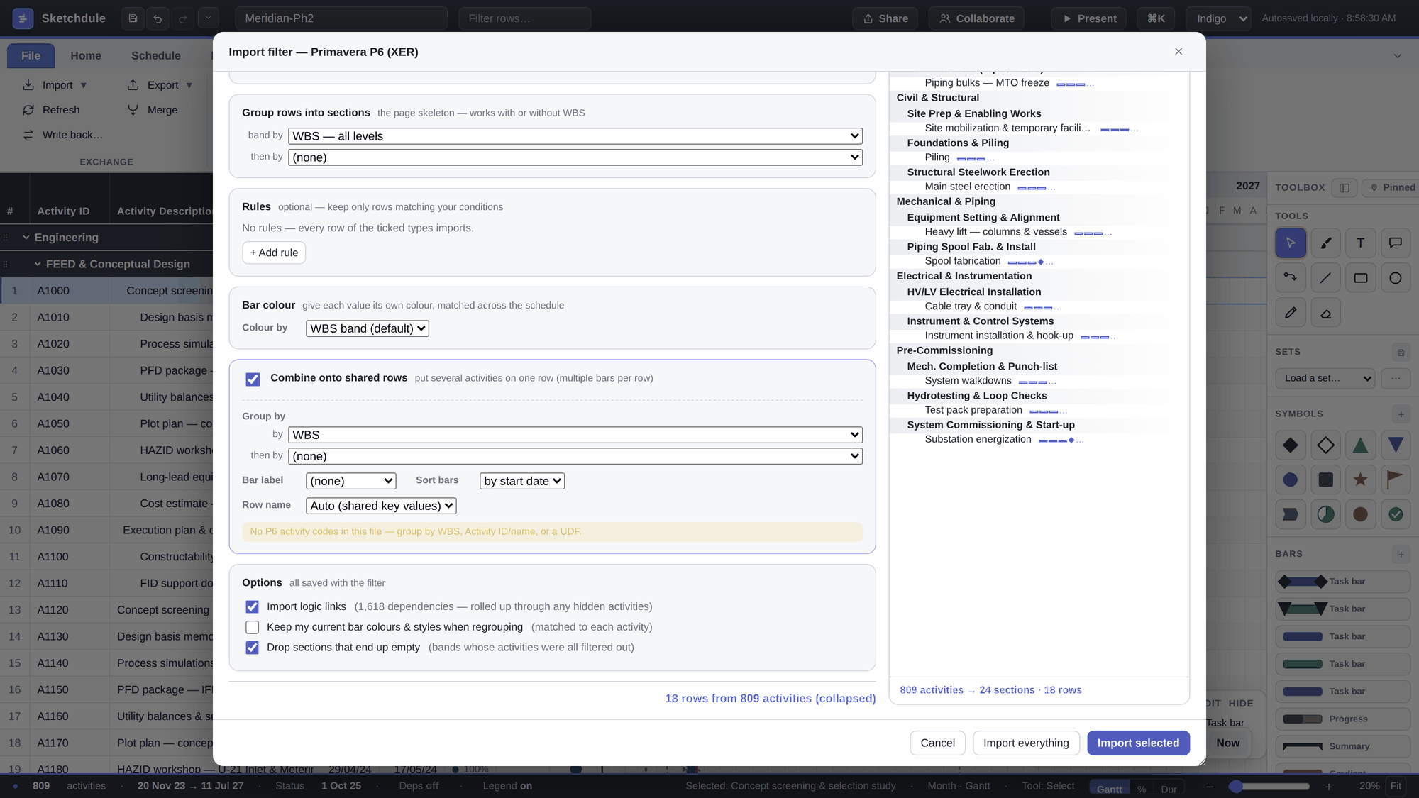 The Import filter dialog reopened with Combine onto shared rows ticked and grouped by WBS: the live preview lists the eighteen packages and the counter reads 18 rows from 809 activities, collapsed